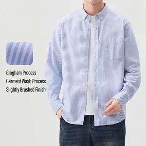 Men's blue and white striped Oxford cotton shirt with front pocket and brushed texture