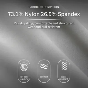Gray high-stretch men's polo shirt fabric detail with 73.1% nylon and 26.9% spandex.