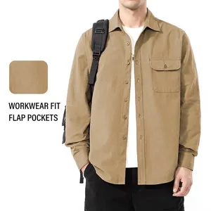 Men's khaki cotton long-sleeve button-down shirt in workwear style with flap pocket