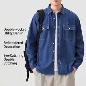 Camicia di jeans casual a maniche lunghe da uomo con doppie tasche sul petto e ricamo.