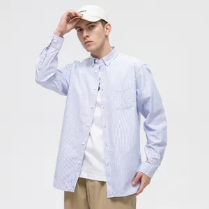 Men's blue and white striped long-sleeve Oxford cotton shirt with button-down collar