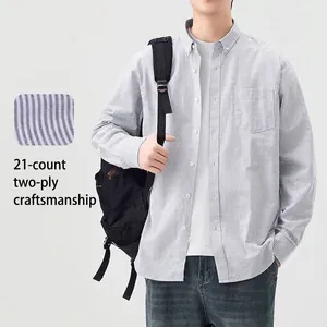 Men's vertical striped Oxford cotton long sleeve shirt in grey and white