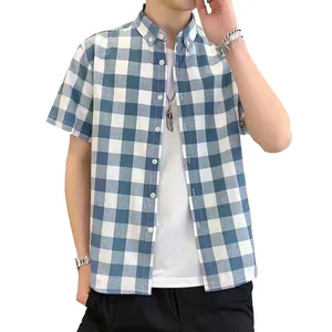 Classic blue and white plaid short-sleeve casual button-down shirt for men's summer wear