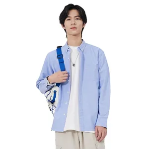 Classic men's light blue cotton oxford long sleeve shirt in casual Japanese style fit