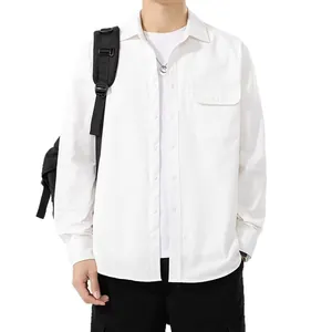 Stylish men's white cotton long sleeve casual button-down shirt with a single chest pocket