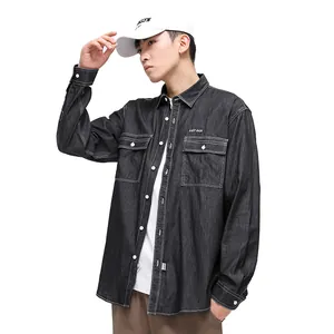 Camicia di jeans nera da uomo, vestibilità slim, manica lunga, con cuciture a contrasto