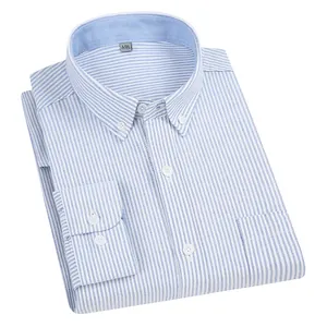 Men's blue striped cotton Oxford long sleeve casual shirt with button-down collar