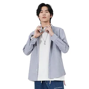 Chemise décontractée en coton à manches longues pour hommes en bleu clair, style printemps