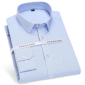 Professional men's light blue checkered business shirt made of premium non-iron cotton