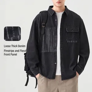 Chaqueta de camisa vaquera gris gruesa y holgada para hombre con diseño patchwork