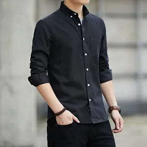 Camisa Oxford clásica negra de manga larga para hombre con cuello abotonado y bolsillo