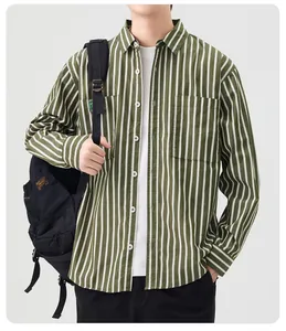 Detail view of green vertical striped long-sleeve casual business shirt for men