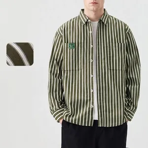 Premium olive green and white vertical striped long-sleeve casual shirt for men