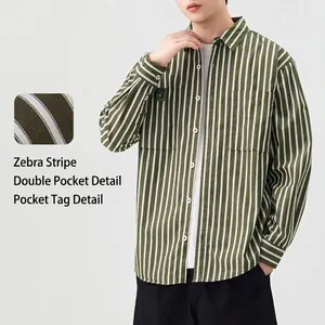 Men's vertical striped long-sleeve shirt in olive green with double chest pockets