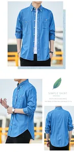 Vorder-, Seiten- und Rückansicht eines blauen Vintage-Jeans-Langarmhemdes für Herren.