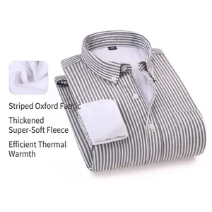 Men's Fleece Lined Striped Oxford Shirt Long Sleeve Button Down Cotton Thermal Warm Casual Minimalist Shirt Top For Winter