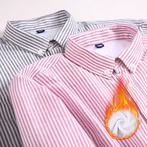 Men's striped Oxford long-sleeve shirt with warm fleece lining in red and grey.