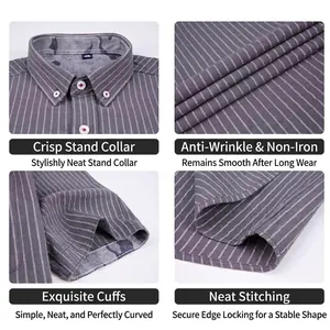 Camicia uomo a righe grigie, maniche corte, tessuto antipiega e colletto alla coreana