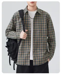 Men's casual green plaid long-sleeve shirt styled with a white tee and backpack