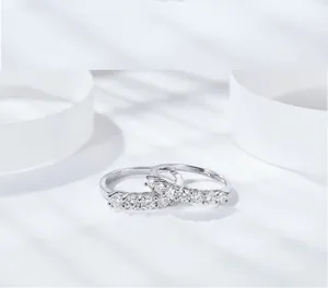 Close-up detail of elegant S925 sterling silver moissanite rings featuring multi-stone row settings