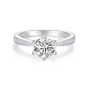 925 Sterling Silver Moissanite Ring For Women Six-Prong Crown Setting Rhinestone Side Stone Wedding Jewelry GRA Certificate
