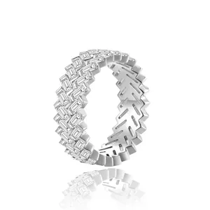 Elegant S925 silver eternity band ring featuring baguette-cut moissanite stones.