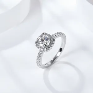 Elegant square halo moissanite engagement ring in S925 sterling silver for women