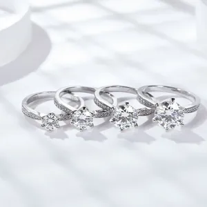 Elegant 925 silver moissanite rings with six-prong setting and pave diamond bands