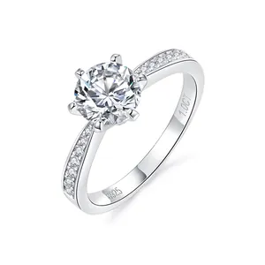 Elegant S925 sterling silver six-prong moissanite ring with side stones for women