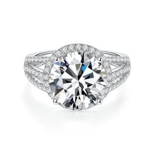 Anillo de Moissanita Redondo Lujoso Certificado GRA Plata de Ley 925 Halo Strass Joyas de Boda Fiesta para Mujeres