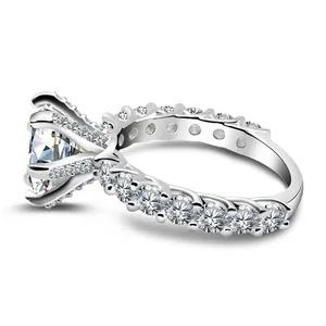 Luxury 3-carat moissanite engagement ring with side stones in elegant silver finish