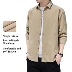 Camicia Casual da Uomo a Maniche Lunghe Tinta Unita in Tessuto Spazzolato Con Ricamo di Lettere per Primavera Autunno