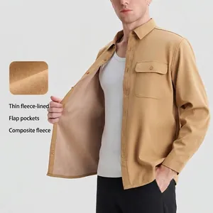Men Long Sleeve Cotton Fleece Lined Shirt Minimalist Solid Color Button Down Top Casual Jacket Style Warm Winter Shirt