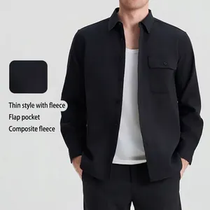 Men's minimalist black fleece-lined cotton shirt jacket with flap pocket