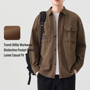 Men's Utility Cotton Casual Shirt Long Sleeve Turn-down Collar Solid Color Sand Washed Loose Fit Jacket Shirt Dual Pockets