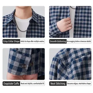 Detailed feature showcase of a men's Japanese style casual plaid long sleeve shirt