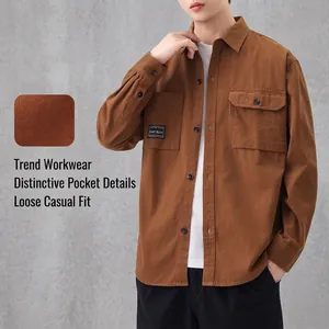 Men's brown long-sleeved work shirt with double pockets in a casual relaxed fit jacket style
