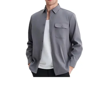Premium men's grey fleece-lined cotton long-sleeve shirt jacket with pocket detail