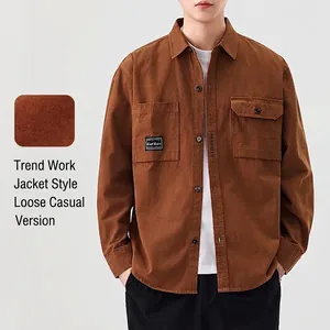 Men's brown long-sleeve casual workwear shirt with distinctive double pockets