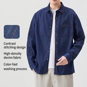 Men's Japanese Retro Cotton Denim Shirt Long Sleeve Slim Fit Casual Button Down Top For Spring Autumn Everyday Wear
