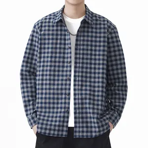 Classic Japanese style men's blue and grey plaid long sleeve casual button-down shirt
