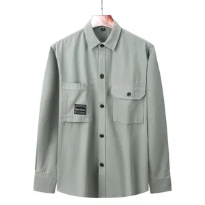 Men's sage green long-sleeve casual cotton shirt jacket with double chest pockets