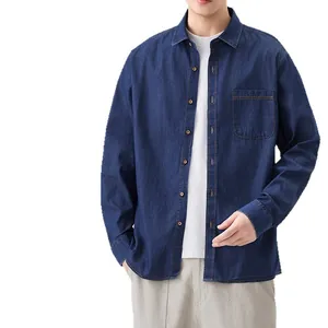 Premium men's Japanese style dark blue cotton denim shirt slim fit casual long sleeve