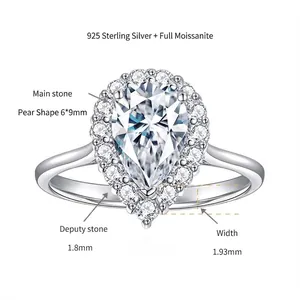 Vue détaillée d'une bague moissanite en poire avec dimensions et spécifications.