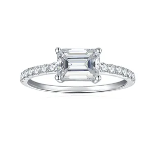 GRA Moissanita Anillo Plata de Ley 925 Chapado en Oro Blanco de 18K Corte Esmeralda Moissanita Anillo para Mujeres Joyería