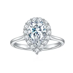 Bague Moissanite Taille Poire Halo Argent Sterling 925 Plaqué Or Blanc 18K Bague de Fiançailles Mariage Bijoux Femme Certifié GRA