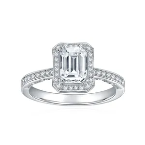 Anillo de Moissanita Talla Esmeralda Plata de Ley 925 Bañado en Oro Blanco de 18K Anillo de Compromiso Halo para Mujer Con Certificado GRA