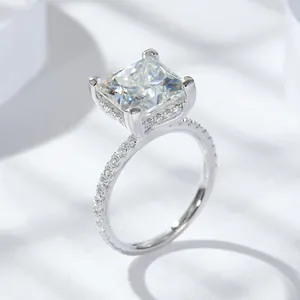 Stunning 5 carat princess cut moissanite silver ring with pave band and hidden halo
