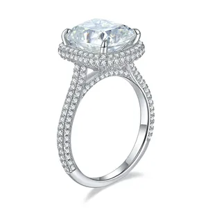 Lujoso anillo de moissanita de 5ct talla cojín, color D, montura de plata de ley 925
