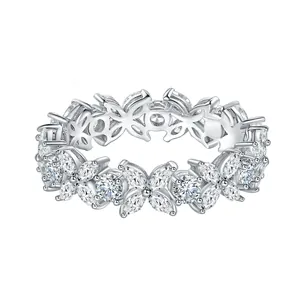 Sparkling marquise moissanite lucky four-leaf clover eternity band in white gold plating